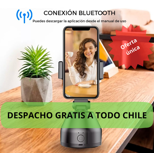 SOPORTE DE CELULAR CON ROTACIÓN INTELIGENTE 360. COMPATIBLE PARA iOS 10. en adelante y ANDROID 8.1 en adelante. 17.2 x 8.5 x 8.4 cm.