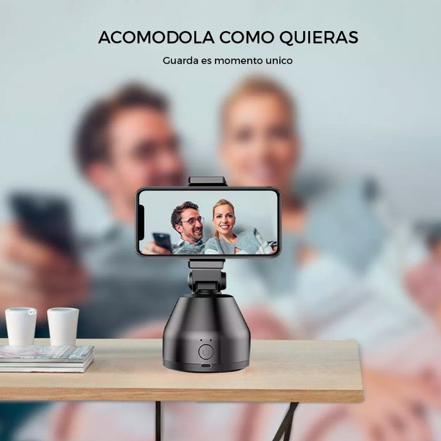 SOPORTE DE CELULAR CON ROTACIÓN INTELIGENTE 360. COMPATIBLE PARA iOS 10. en adelante y ANDROID 8.1 en adelante. 17.2 x 8.5 x 8.4 cm.